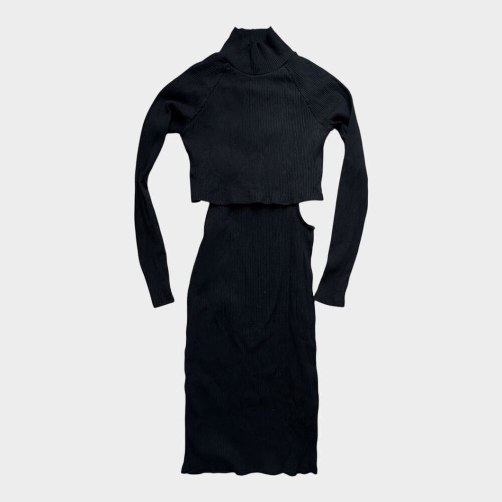 Ribbed Black long sleeve midi cut out dress turtleneck - women's small